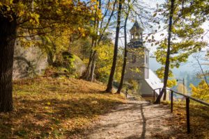 Ein sonnenbeschienener Wanderweg durch herbstliche Bäume führt zur Bergkirche am Berg Oybin mit ihrem hölzernen Kirchturm. Gefallene Blätter bedecken den Boden, während das Sonnenlicht durch gelbes Laub fällt und eine friedliche, malerische Atmosphäre im Herzen des Zittauer Gebirges hervorruft.