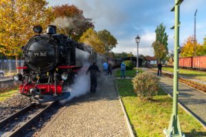 Eine schwarze Dampflokomotive der Zittauer Schmalspurbahn mit der Nummer 99 760 macht auf einem kleinen Bahnhof Dampf. Herbstliche Bäume und alte Laternenpfähle säumen den kopfsteingepflasterten Bahnsteig, im Hintergrund sind Menschen und Güterwagen zu sehen.
