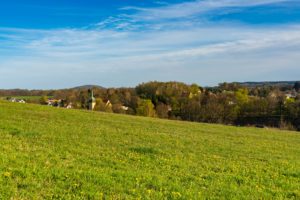 Ein grünes, mit gelben Blumen übersätes Grasfeld fällt sanft zu einem Dorf mit Häusern und Bäumen unter blauem Himmel ab und bietet in der Ferne ein bezauberndes Panorama mit der Spremberger Kirche, die sich vor bewaldeten Hügeln befindet.