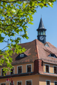 Ein historisches Gebäude mit Ziegeldach und Uhrenturm, teilweise verdeckt von grünen Baumzweigen unter einem klaren blauen Himmel, macht den Charme der Ferienwohnungen in Neusalza-Spremberg aus.