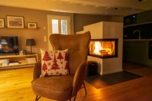 Ein gemütliches Wohnzimmer mit einem braunen Sessel mit einem festlichen Kissen, einem brennenden Kamin, einem Fernseher, Regalen mit Büchern und gerahmten Bildern an der Wand, die eine warme und einladende Atmosphäre schaffen.