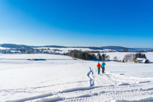 Zwei Menschen gehen unter klarem, blauem Himmel über ein verschneites Feld und hinterlassen Spuren im Schnee. In der Ferne sind Bäume, Häuser und sanfte Hügel zu sehen, die mit Schnee bedeckt sind.