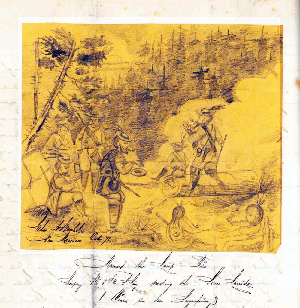 Sepiafarbene Skizze von fünf Soldaten in einem Waldstück. Einige knien, andere stehen und bereiten Essen über einem Feuer zu, aus dem Rauch aufsteigt. Gewehre und Ausrüstung liegen in der Nähe. Unter der Zeichnung sind handschriftliche Notizen und Unterschriften zu sehen.