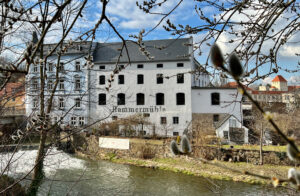 Ein historisches weißes Mühlengebäude mit der Aufschrift Hammemühle steht an einem Fluss, eingerahmt von knospenden Baumzweigen. Der Himmel ist teilweise bewölkt, und im Hintergrund sind einige Wohngebäude zu sehen.