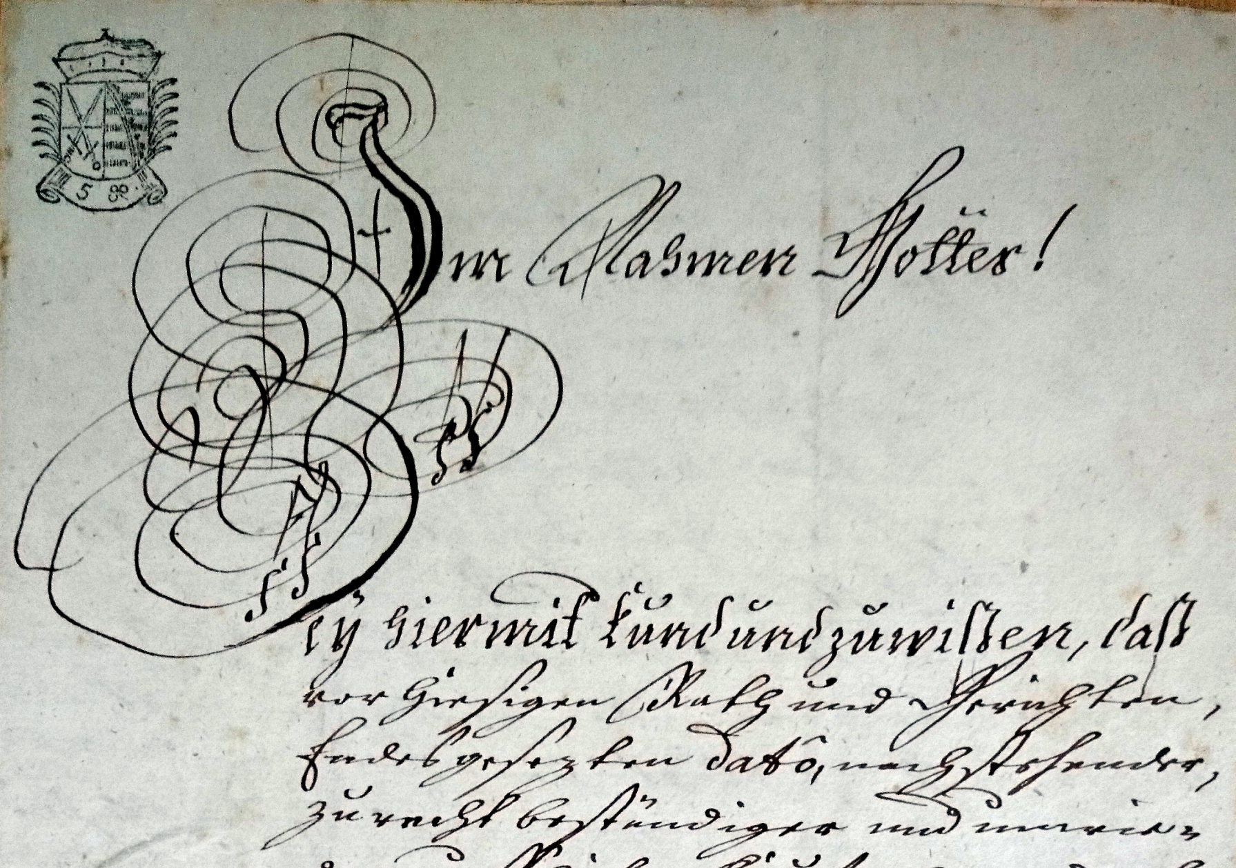 Historisches handgeschriebenes Dokument mit kunstvollen kalligraphischen Schnörkeln, einem Wappen in der linken oberen Ecke und altdeutschem Text in Schreibschrift mit dem Titel Im Namen Gottes - die perfekte Inspiration für Ihren Urlaub im Denkmal.