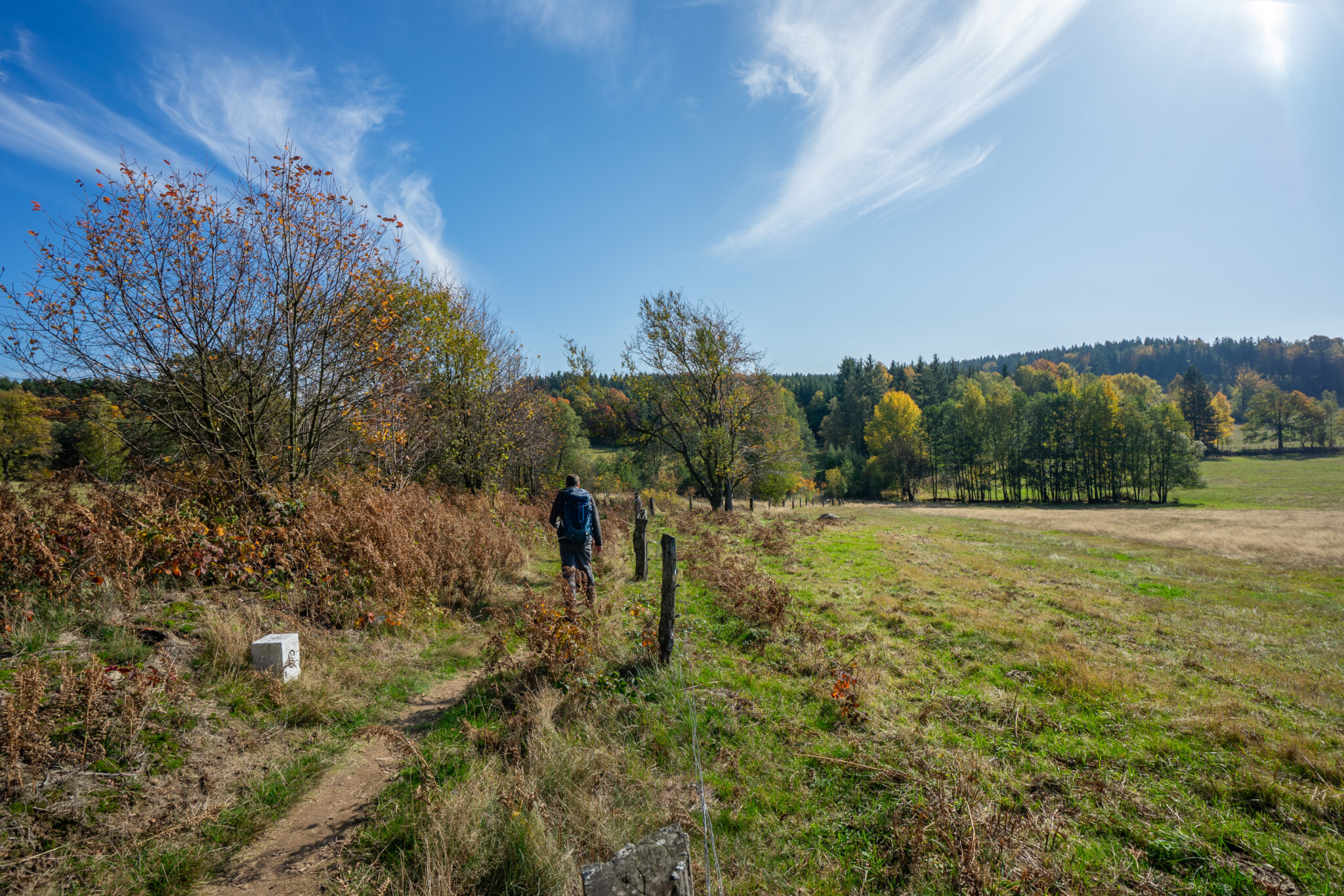 Eine Person genießt das Wandern ohne Gepäck und spaziert auf einem schmalen Feldweg durch grasbewachsene Felder und herbstliche Bäume unter einem strahlend blauen Himmel. Im Hintergrund erheben sich bewaldete Hügel, die Teil des Oberlausitzer Bergwegs sind.