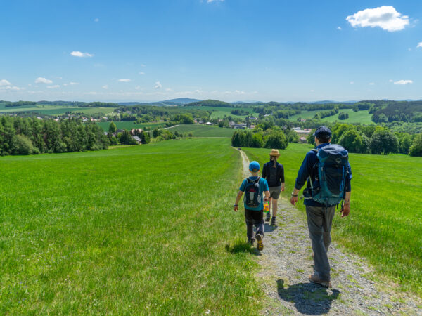 Drei Personen, zwei Erwachsene und ein Kind, wandern auf einem Kiesweg durch eine grüne Wiese unter strahlend blauem Himmel in der Nähe der Ferienwohnungen Oberlausitz, in der Ferne sind Bäume und ein Dorf zu sehen - perfekt für Eure Auszeit im Marktquartier 5.