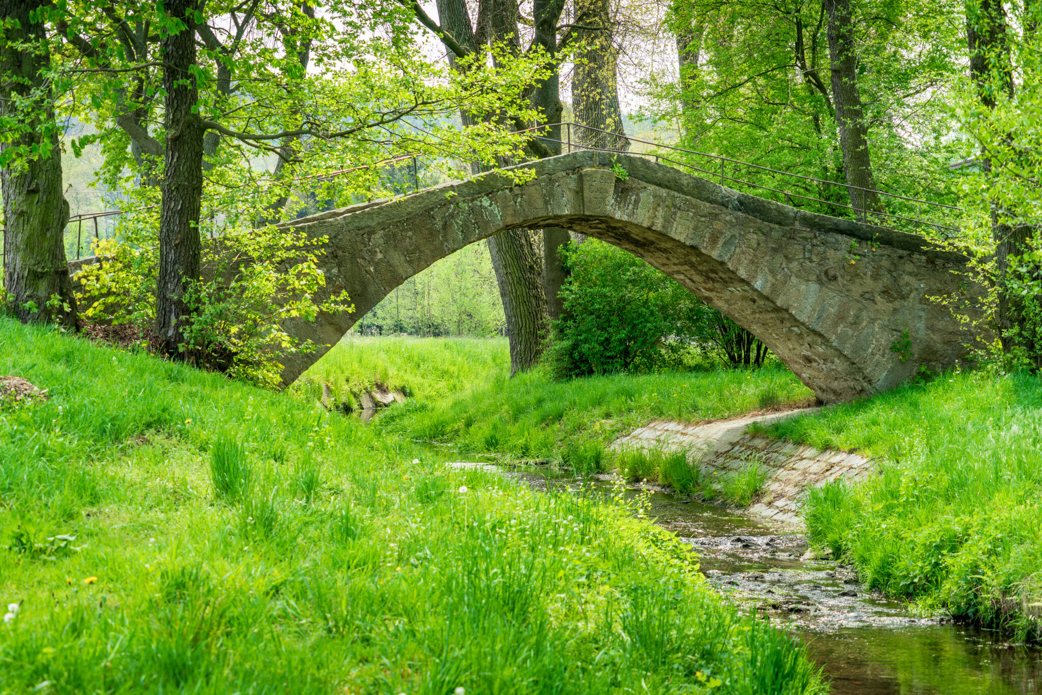 Die Himmelsbrücke in Sohland, eine alte Steinbogenbrücke, überquert die Spree in einem üppig grünen Park am Oberlausitzer Bergweg - perfekt für Wanderungen ohne Gepäck zwischen frischem Frühlingslaub und Wildblumen.