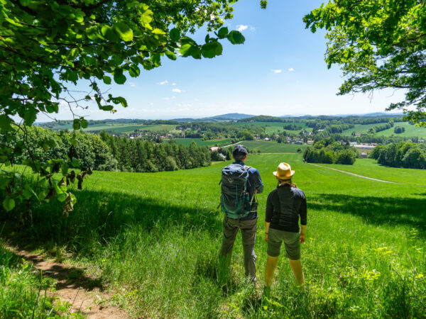 Zwei Menschen mit Rucksäcken stehen auf einer grasbewachsenen Bergkuppe am Oberlausitzer Bergweg und blicken auf eine grüne, ländliche Landschaft mit Feldern, Bäumen und fernen Hügeln unter einem strahlend blauen Himmel. Wandern ohne Gepäck macht die Reise leicht und unbeschwert. Baumzweige rahmen die Szene ein.